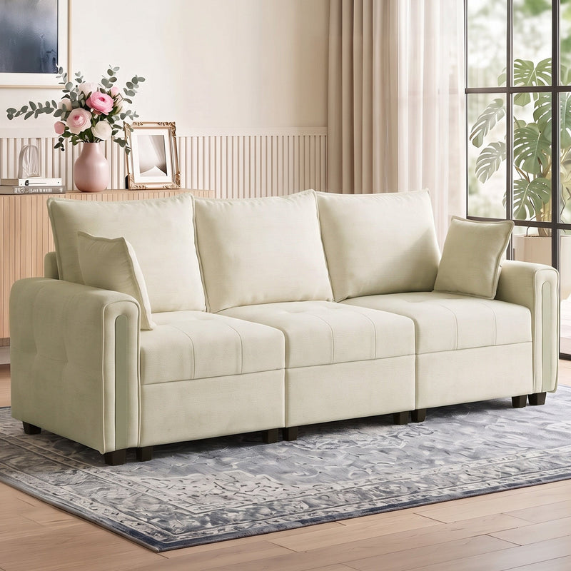 3 seater velvet sofa in a bright living room on a patterned rug