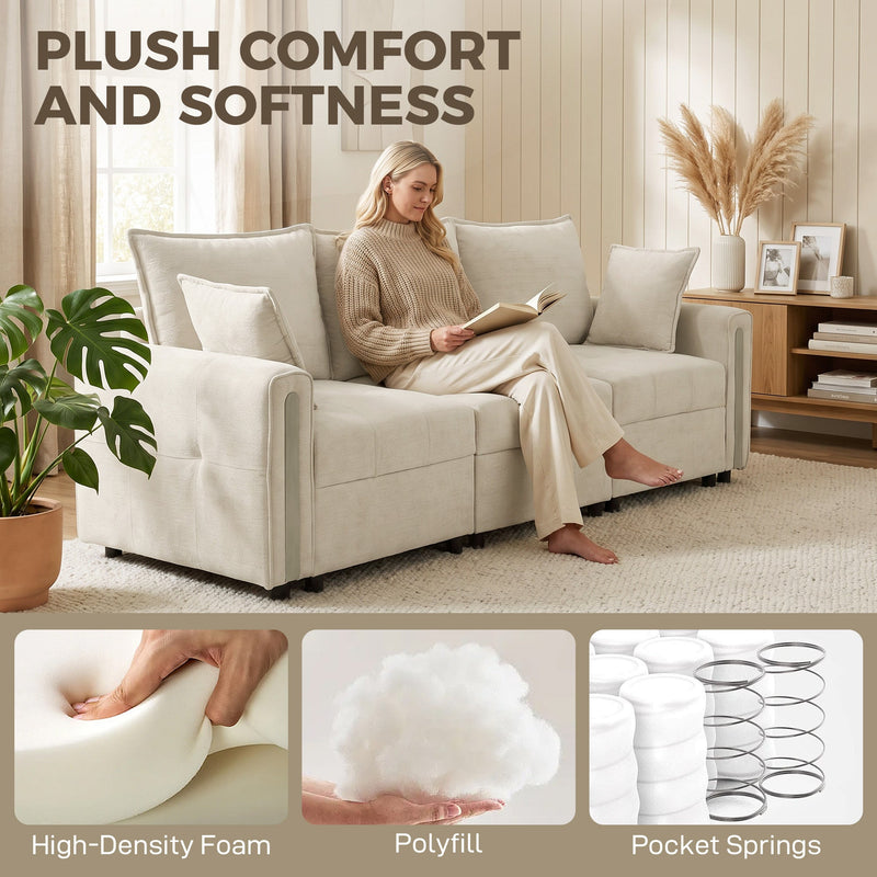 Woman reading on the sofa, with close-ups of high-density foam, polyfill and pocket springs