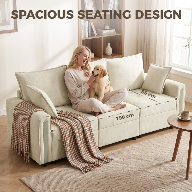 Woman and dog on the sofa, showing the 190 cm seat width and 55 cm seat depth