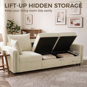 Two lift-up seats open showing 58 cm wide, 58 cm deep and 20 cm high storage compartments