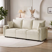 Velvet storage sofa in a living room beside a side table and round rug