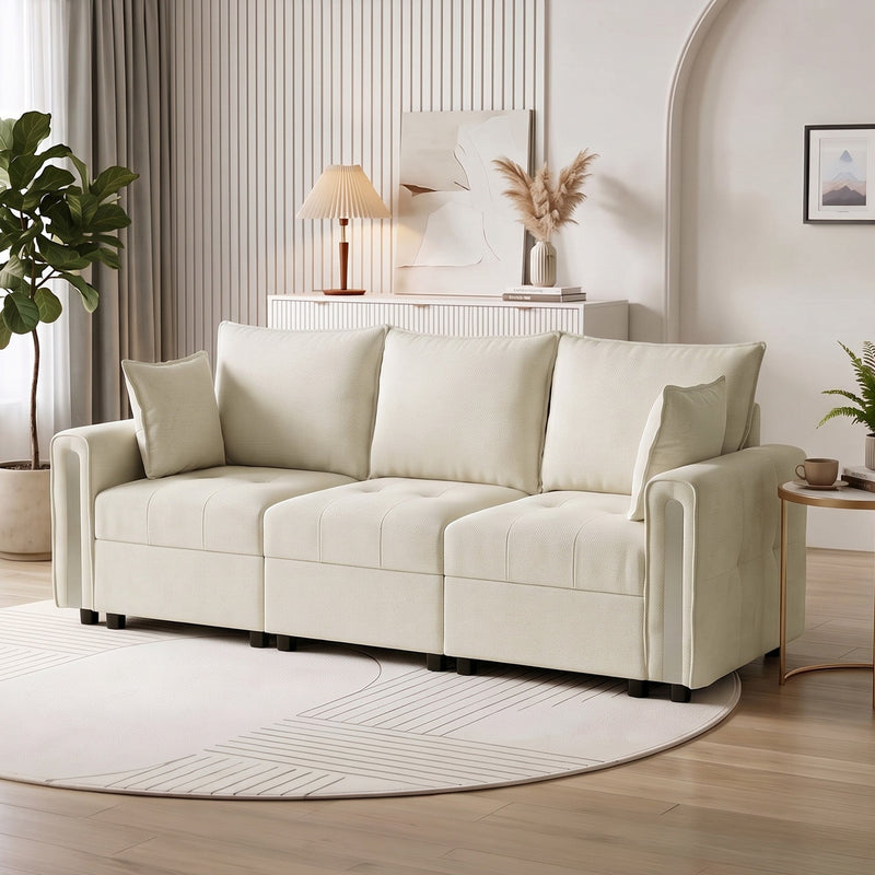 Velvet storage sofa in a living room beside a side table and round rug