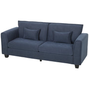 Dark blue 3 seater linen-look sofa with 2 matching arm pillows on a white background
