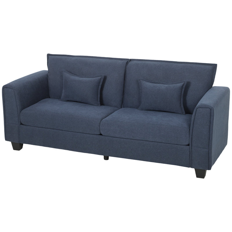 Dark blue 3 seater linen-look sofa with 2 matching arm pillows on a white background