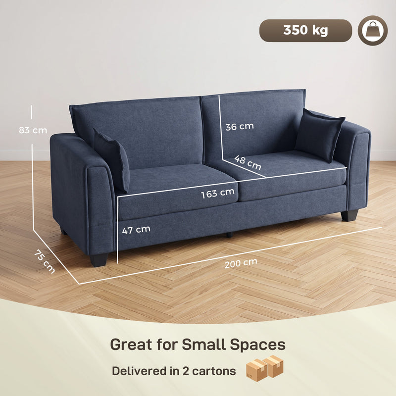 Dark blue sofa dimensions diagram showing 200 cm width, 75 cm depth, 83 cm height and 350 kg capacity