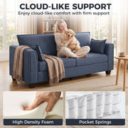 Woman relaxing with a dog on the dark blue sofa above pocket spring and high-density foam close-ups