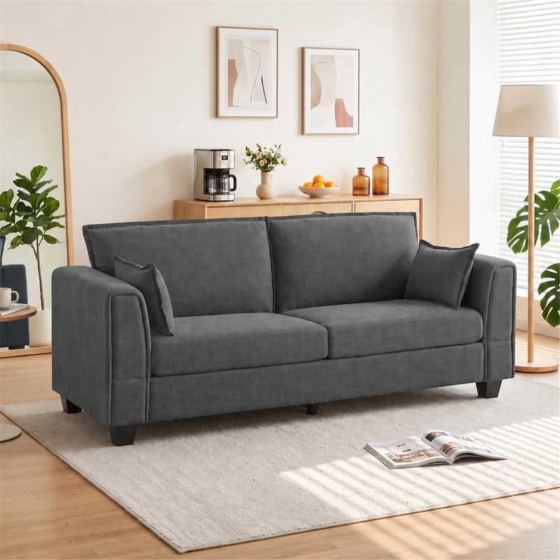 Dark grey 3 seater sofa in a bright living room with a rug and floor lamp
