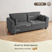 Dark grey sofa dimensions diagram showing 200 cm width, 75 cm depth, 83 cm height and 350 kg capacity