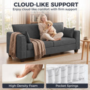 Woman relaxing with a dog on the dark grey sofa above pocket spring and high-density foam close-ups