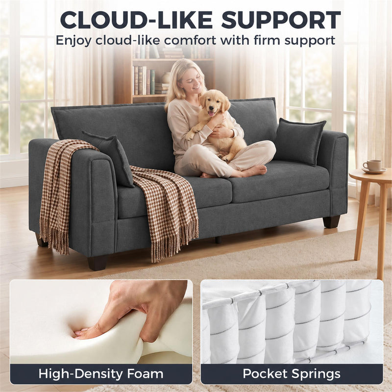 Woman relaxing with a dog on the dark grey sofa above pocket spring and high-density foam close-ups