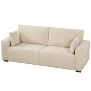 Cream white 3 seater velvet sofa with 2 pillows on a plain white background