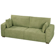 Green 3 seater velvet sofa with 2 pillows on a plain white background