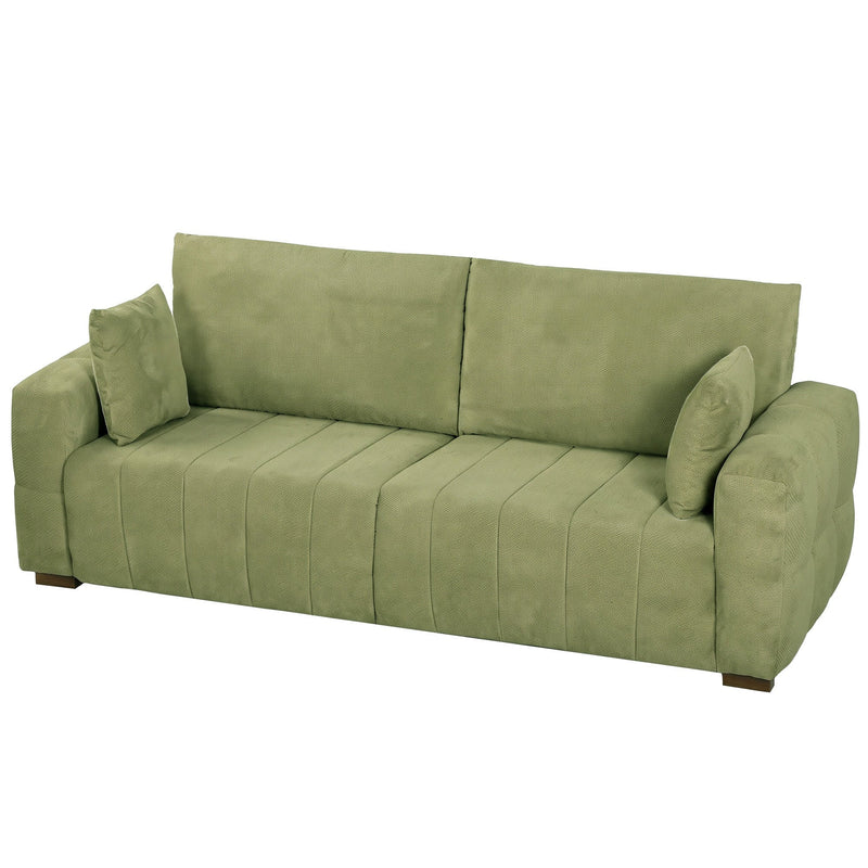 Green 3 seater velvet sofa with 2 pillows on a plain white background