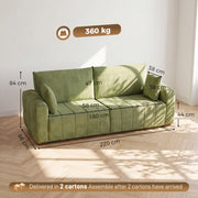 Green 3 seater sofa dimensions diagram showing 220 cm width, 86 cm depth and 360 kg capacity