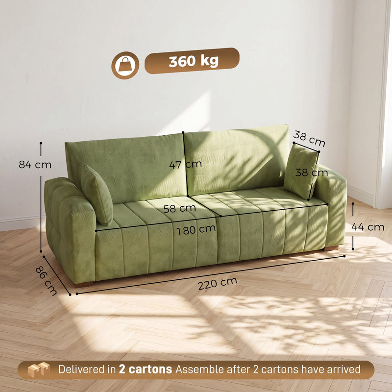 Green 3 seater sofa dimensions diagram showing 220 cm width, 86 cm depth and 360 kg capacity
