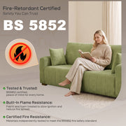 Green sofa with a BS 5852 fire-retardant certification panel