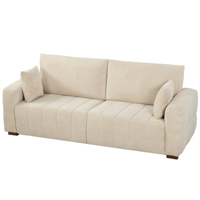Cream white 3 seater velvet sofa with 2 pillows on a plain white background