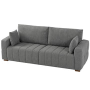 Grey 3 seater velvet sofa with 2 pillows on a plain white background