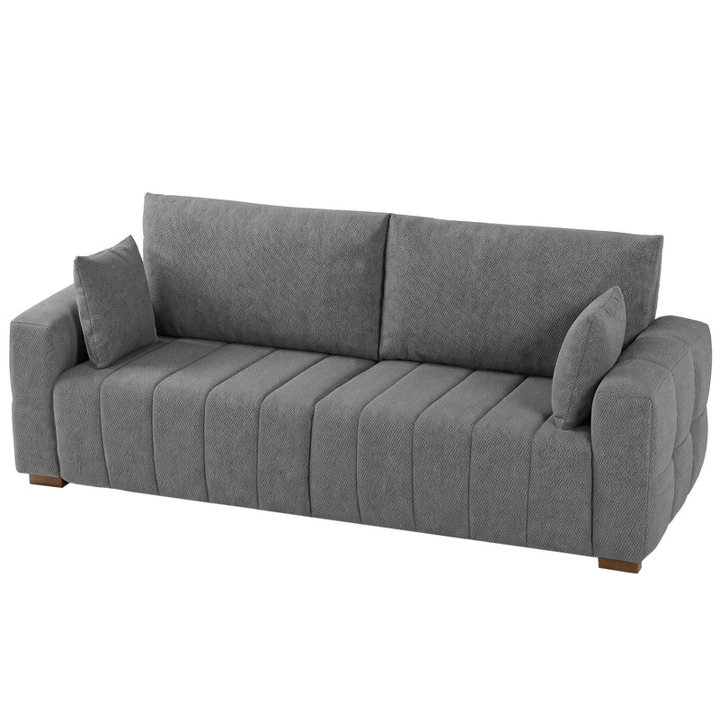 Grey 3 seater velvet sofa with 2 pillows on a plain white background