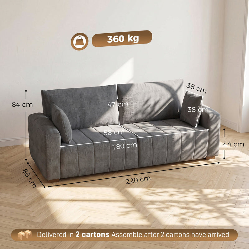 Grey 3 seater sofa dimensions diagram showing 220 cm width, 86 cm depth and 360 kg capacity