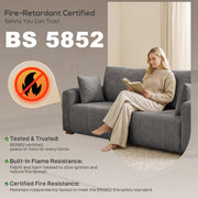 Grey sofa with a BS 5852 fire-retardant certification panel