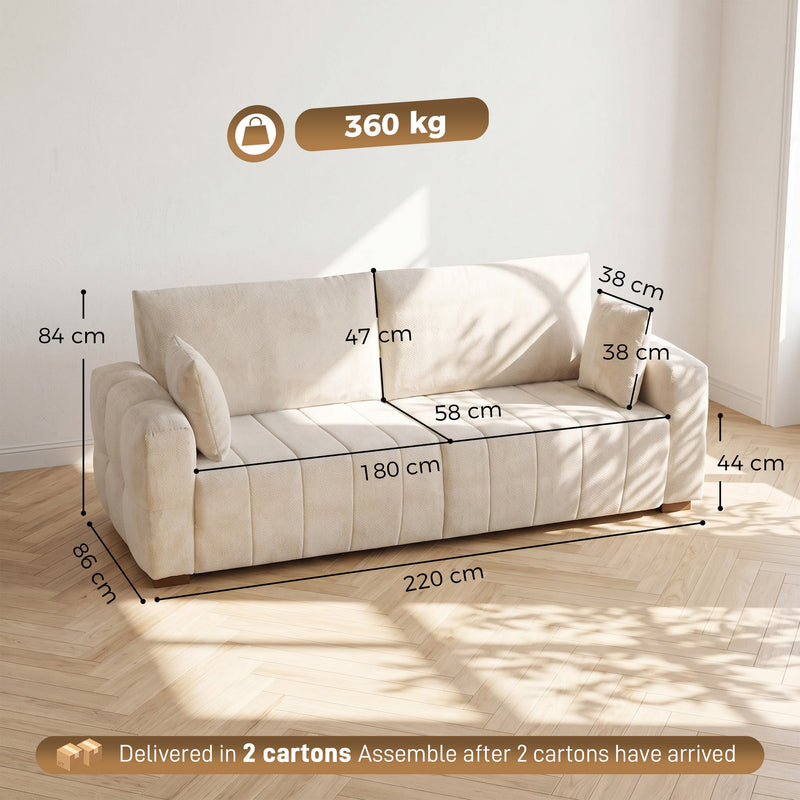 Cream white 3 seater sofa dimensions diagram showing 220 cm width, 86 cm depth and 360 kg capacity