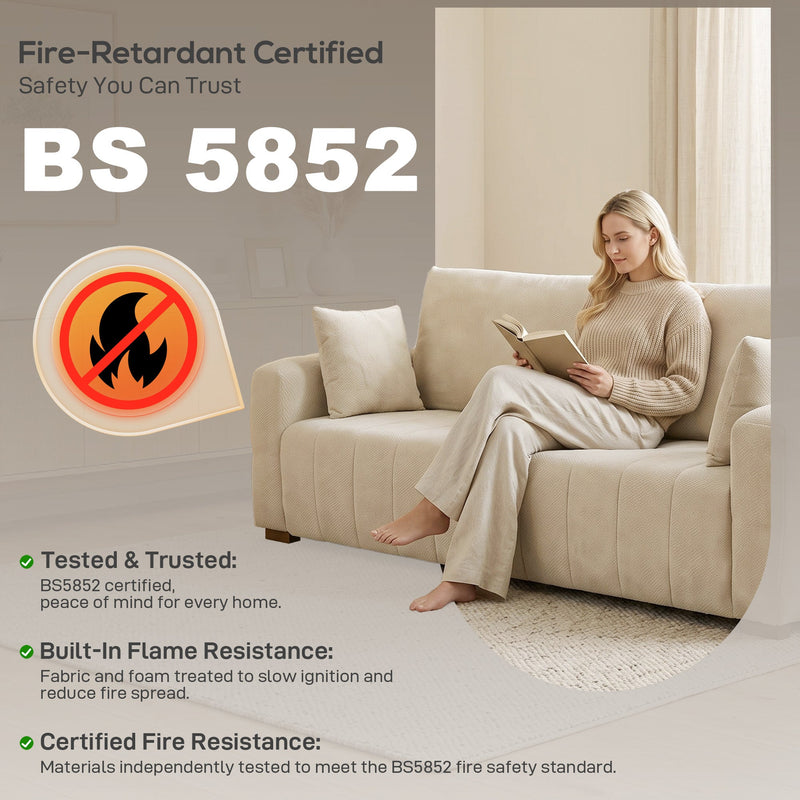 Cream white sofa with a BS 5852 fire-retardant certification panel