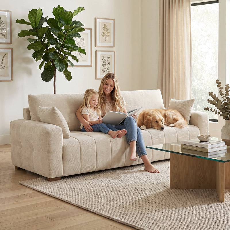 Mother and child reading on the cream white sofa next to a golden retriever