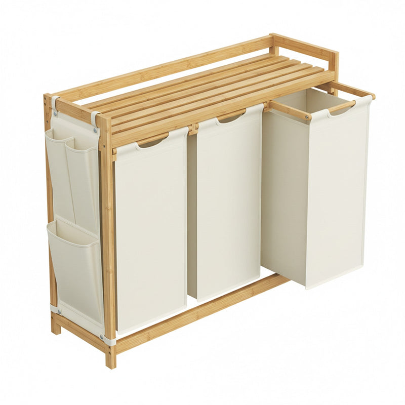 Vasagle 3 section bamboo laundry sorter, cream white, full view
