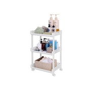 Angled studio view of the white trolley showing the vented shelf sides and corner posts
