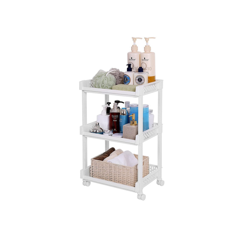 Angled studio view of the white trolley showing the vented shelf sides and corner posts