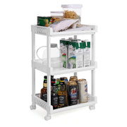 White trolley loaded with tins, cartons, pasta jars and bottles across all three shelves