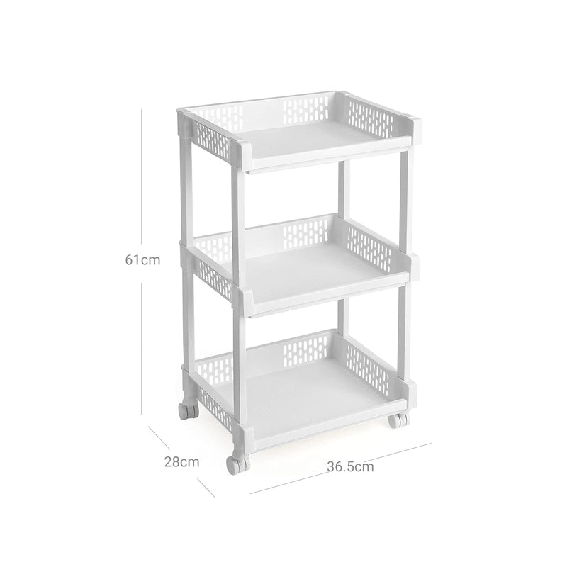 Dimensions diagram of the white trolley: 36.5 cm wide, 28 cm deep and 61 cm high