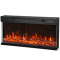 Black 102 cm 3-sided electric fireplace insert with glowing red flames and log effect, white background
