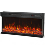 Black 102 cm 3-sided electric fireplace insert with glowing red flames and log effect, white background