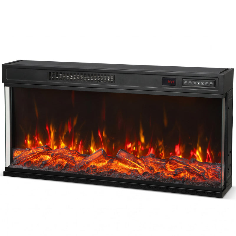 Black 102 cm 3-sided electric fireplace insert with glowing red flames and log effect, white background