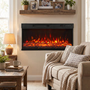Electric fire insert on a living room wall under a shelf, beside a lamp and sofa