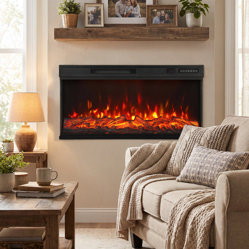 Electric fire insert on a living room wall under a shelf, beside a lamp and sofa