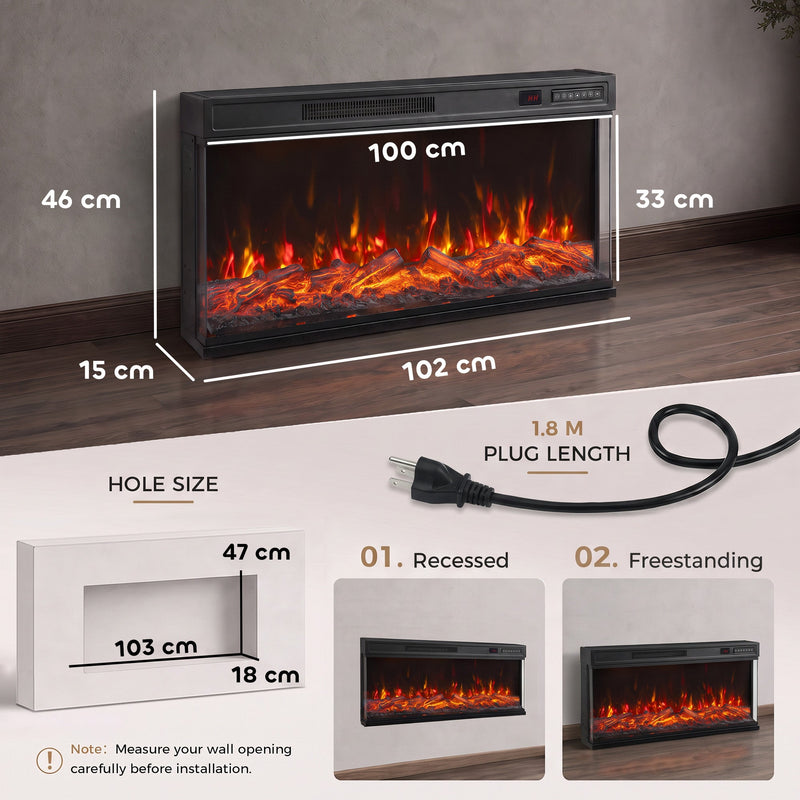 Dimensions diagram showing 102 cm width, 46 cm height, 15 cm depth and 100 cm window with 103 x 47 x 18 cm recess opening