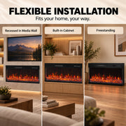 Flexible installation options shown: recessed in a media wall, built into a cabinet and freestanding