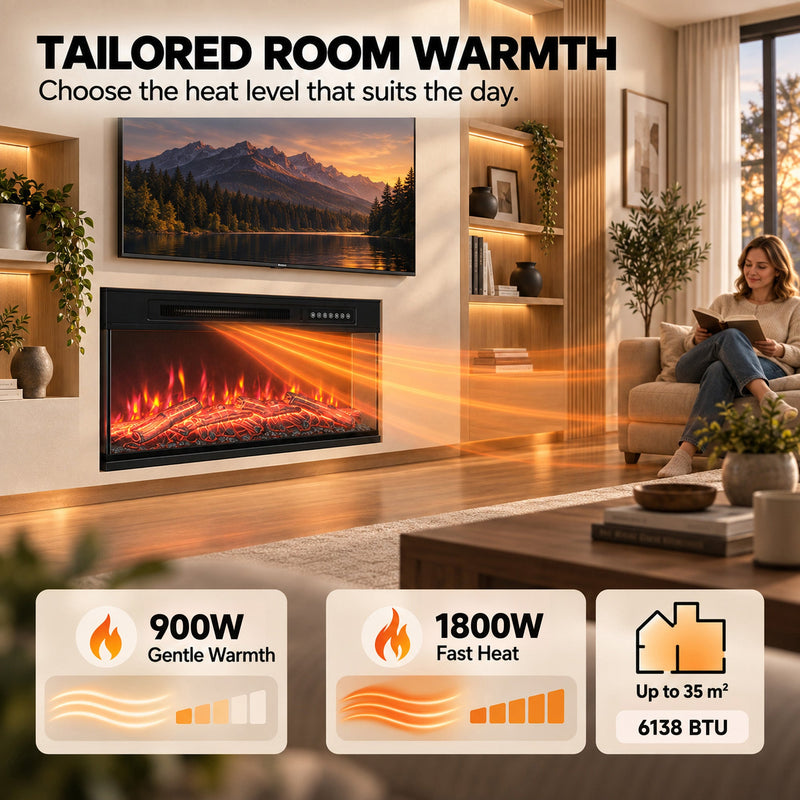 Heat settings shown as 900 W gentle warmth and 1800 W fast heat for up to 35 m²