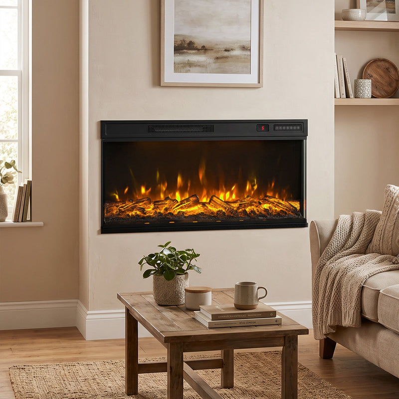 Electric fire with amber flames set into a wall above a wooden coffee table