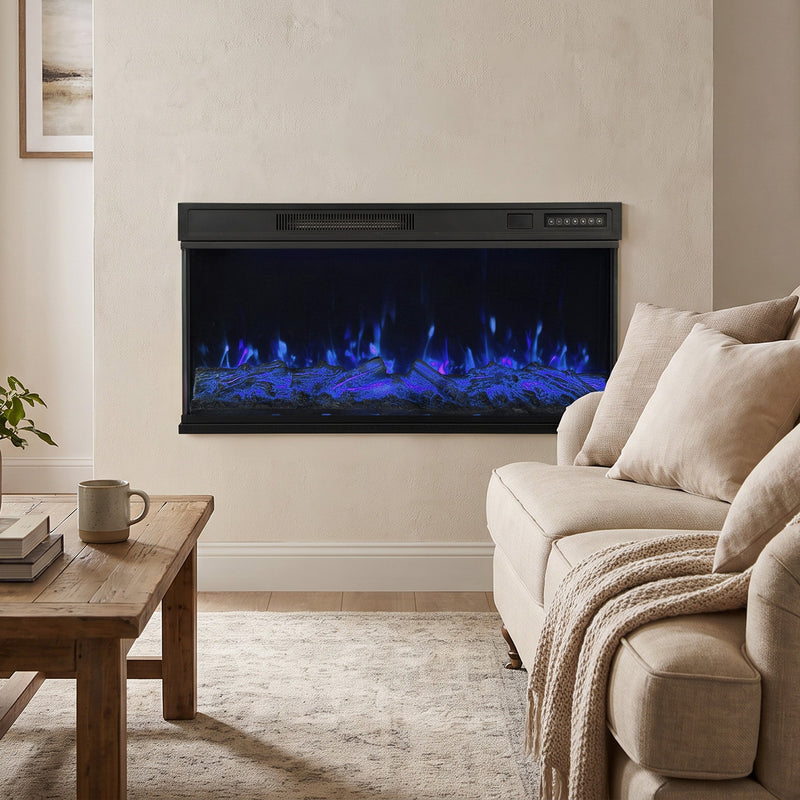 Electric fire with blue flames on a wall above a sofa and coffee table