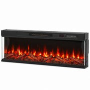 Black 127 cm 3-sided electric fireplace insert with glowing red flames and log effect, white background