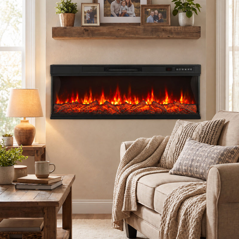 Electric fire insert on a living room wall under a shelf, beside a lamp and sofa
