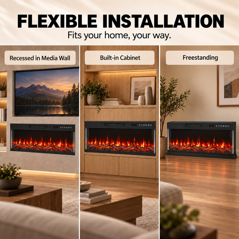 Flexible installation options shown: recessed in a media wall, built into a cabinet and freestanding