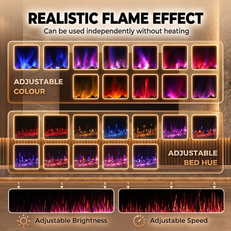Flame effect panel showing adjustable colour, ember bed colour, brightness and speed
