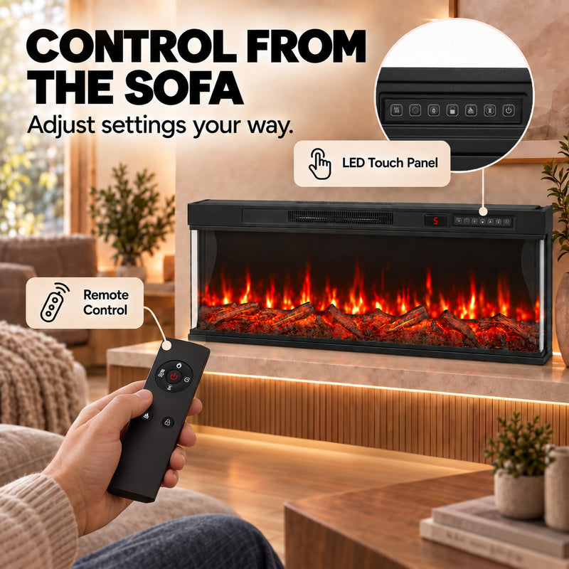 Hand holding the remote beside the LED touch panel close-up on the electric fire