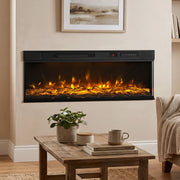 Electric fire with amber flames set into a wall above a wooden coffee table