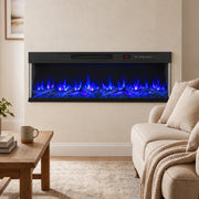 Electric fire with blue flames on a wall above a sofa and coffee table
